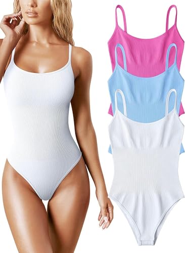 Damen 3-teilige Bodys Shapewear Sexy Gerippte ärmellose Verstellbare Spaghettistreifen-Tops, Rose Candyblue White, M von Generic