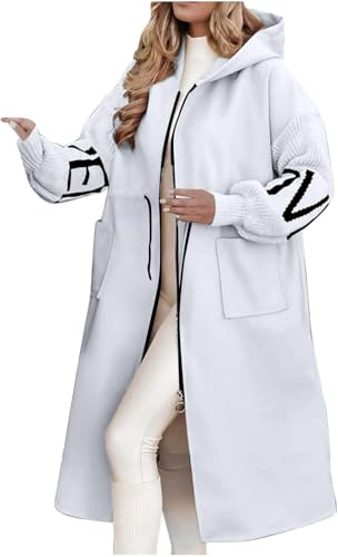 Damen Kapuze Langarm Strickärmel Patchwork Freizeitjacke, White, M von Generic