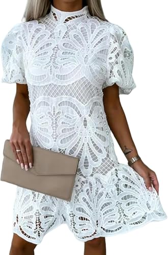 Damen Kleider Vintage Weißes Spitzenkleid Damen Aushöhlendes Besticktes Minikleid Mit Modischen Puffärmeln, White, M von Generic