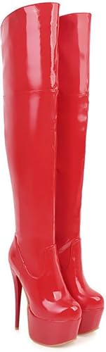 Damen Lackleder Overknee Stiletto Stiefel Plateau Oberschenkel Hohe Stiefel Runde Zehe Seitlicher Reißverschluss Sexy Tanz High Heel Stiefel, Red, 7 UK von Generic