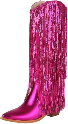 Damen Pailletten Fransen Mittelhohe Cowboystiefel, Mode Spitze Zehenpartie Chunky Heel Glänzende Metallic-quaste Partystiefel, Rose Red, 4.5 UK Damen Pailletten Fransen Mittelhohe Cowboystiefel, Mode Spitze Zehenpartie Chunky Heel Glänzende Metallic-quaste Partystiefel, Rose Red, 4.5 UK von Generic