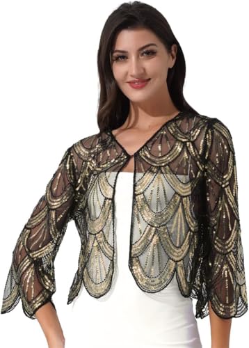 Damen Pailletten Hohle Spitze Langarm Schal Und Wraps Achselzucken Offene Front Strickjacke Braut Hochzeit Wraps, Gold, One Size Damen Pailletten Hohle Spitze Langarm Schal Und Wraps Achselzucken Offene Front Strickjacke Braut Hochzeit Wraps, Gold, One Size von Generic