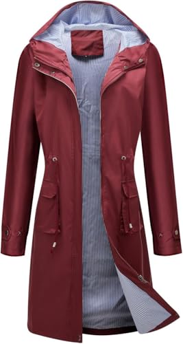 Damen Regenjacke Mit Kapuze Langer Wasserdichter Regenmantel Lässiger Anorak Mit Durchgehendem Reißverschluss Midi Windbreaker-Taschen, Red, M von Generic