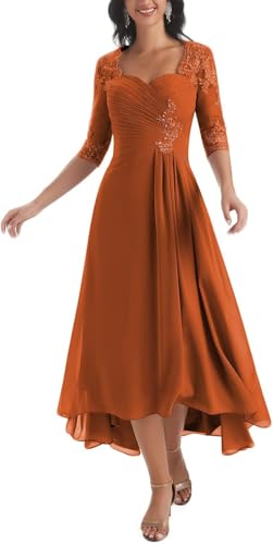 Damen Spitze Gerafft Chiffon Mutter Der Braut Kleider Langes Formelles Hochzeitsgastkleid Abendkleid Mit 3/4 Ärmeln, Burnt Orange, L von Generic