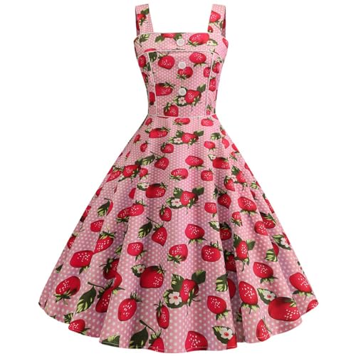 Damen-Swingkleid mit Träger-Einzel-Erdbeer-Print-Rose Red-S von Generic
