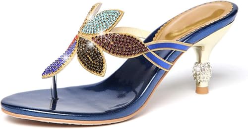 Damen Tanga Flip Flops Bequeme High Heels Sandalen, Sommer Strand Flip Flops rutschfeste Pool Slides Bohemia Strass Ultraleichte Leder Tanga Sandalen, Blue, 36 EU von Generic