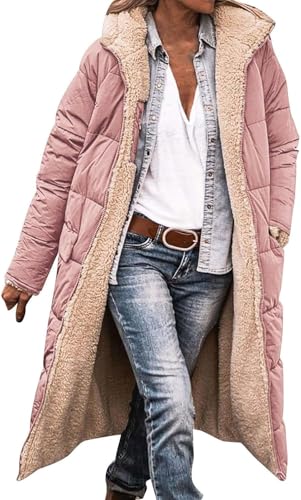 Damen Wintermäntel Warme Sherpa Fleece Gefüttert Lange Kapuze Puffer Jacet Full Zip Thicen Outdoor Mäntel, A4-pink, L von Generic