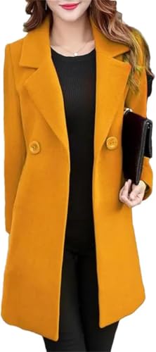 Damen Wollmantel Winter Eleganter Gekerbter Kragen Zweireihige Wollmischung über Einfarbigem Cabanmantel, Yellow, L von Generic