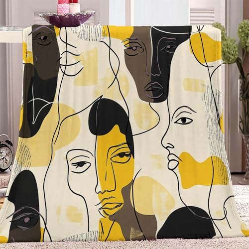 Decke 130 x 150 cm Flanell Weich Tagesdecke Couchdecke Sesseldecke Wohndecke Vier Jahreszeiten Decke Kuscheldecke Sofadecke Mit Abstrakte Strichzeichnungen Muster Fleecedecke Schwarz Gelb von Generic