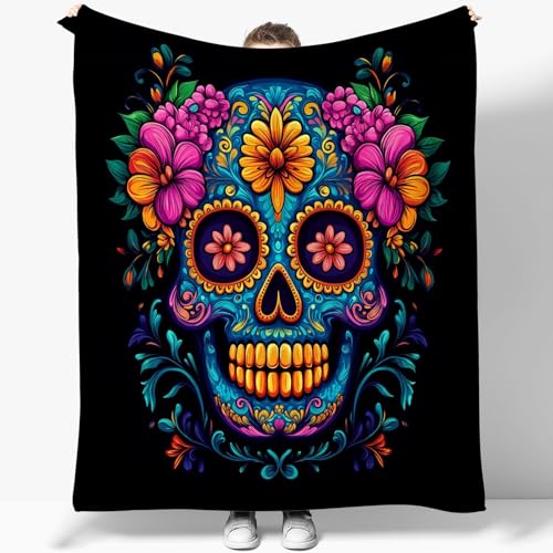 180 x 220 cm Fleece-Decken für Bett Couch Sofa Einfacher Floraler Totenkopf Dicke und warme Flanelldecke, weicher Flauschiger Plüsch für alle Jahreszeiten Blau Orange von Generic
