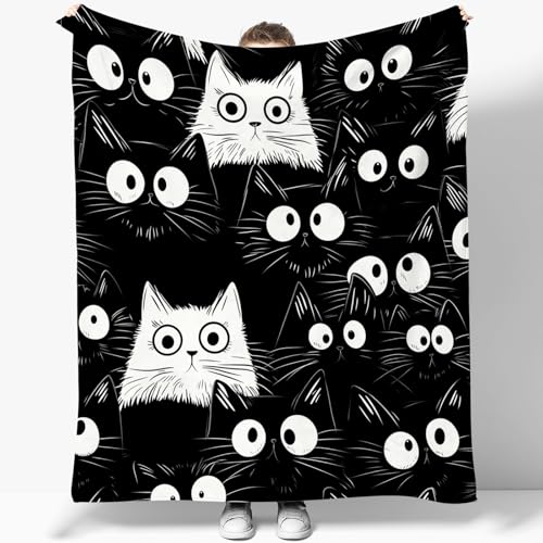 Flanelldecke Flacher Katzendruck Muster gemütlich Plüsch leicht Fleece-Überwurf Decken, 150 x 200 cm Flauschige Kuscheldecke für Sofa und Couch für alle Jahreszeiten Schwarz Grau von Generic