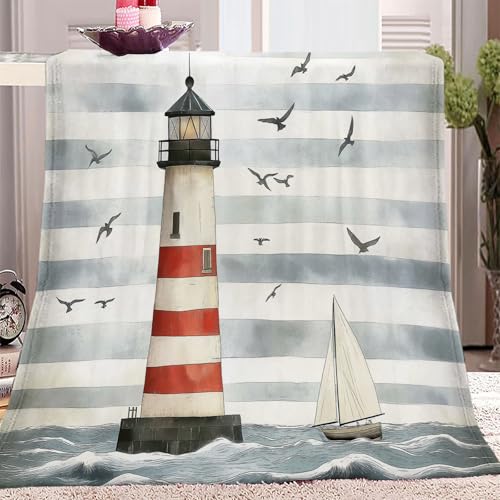 Decke Grau Flauschige Decke Mit Aufdruck Warm Weich 150 x 200 cm Superweiche Decken Überwurfdecke Fürs Bett Gemütliche Sofadecke Gestreifter Leuchtturm Am Ufer von Generic