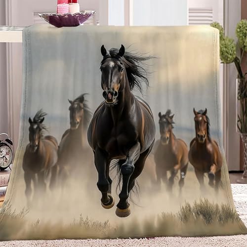 Decke Kuscheldecken Wohndecken Winter warm Sofadecken Decke Tier Pferd Im Galopp Motiv Flanell Bettdecke Schlafdecke für Erwachsene Kinder 100 x 130 cm, Schwarz von Generic