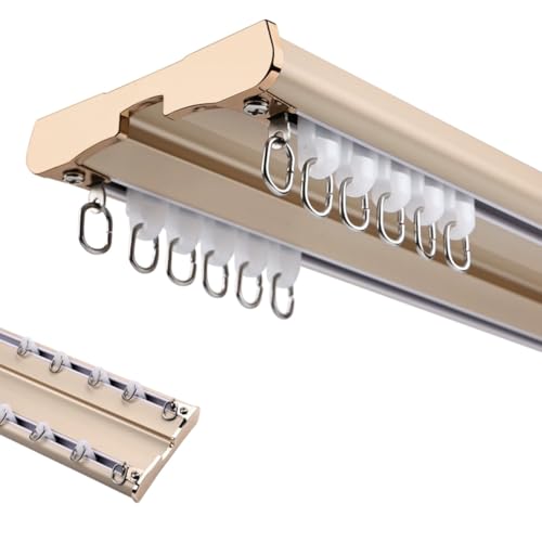 Decken-Vorhangschienensystem Robustes Doppelläufig-Vorhangschienen-Set 150cm 220cm 250cm 300cm Raumteiler Gardinenstange Stumme Vorhangstange Aluminium Für Wohnzimmer(Gold,400cm) von Generic