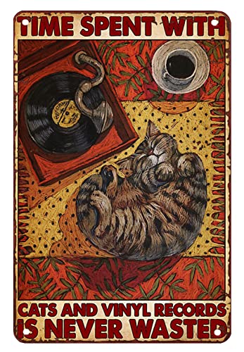 Deko Blechschild Retro Deko Hängeschild Dekoschild Für Garage Bar 20X30Cm Katzenliebhaber Vinyl-Schallplatte Kaffee Poster Zeit Mit Katzen Vinyl-Schallplatten Verbracht Ist Nie Verschwendet von Generic