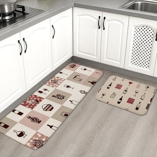 Dekorative Küchenmatten für den Boden, Vintage-Weingläser-Muster, weiche Matten, gepolstert, bequem, waschbar, rutschfeste Teppiche für Küchenspüle, Esszimmer, 2 Stück Dekorative Küchenmatten für den Boden, Vintage-Weingläser-Muster, weiche Matten, gepolstert, bequem, waschbar, rutschfeste Teppiche für Küchenspüle, Esszimmer, 2 Stück von Generic