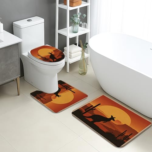Desert Kangas Badezimmermatten-Set, Retro-Sonnenuntergang, Landschaft, saugfähig, rutschfest, U-förmig, waschbar, rustikale Wildnis, schnell trocknend, Memory-Schaum, Badezimmerteppich-Set, 3-teilig von Generic