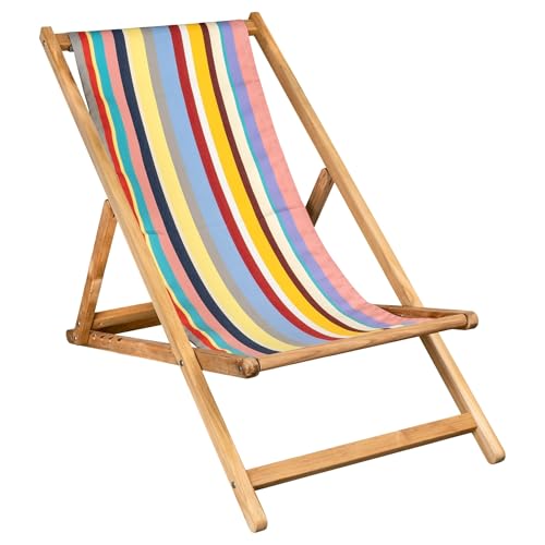 Design-Liegestuhl aus Holz mit Multicolor-Streifen – klappbar, 3-Fach verstellbar – wetterfeste Bespannung – hochwertiger Gartenstuhl für Terrasse & Balkon von Generic