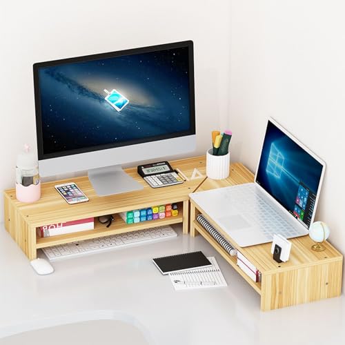 Generic Desktop-Bücherregal, Eck-Monitorständer, Dual-Monitor-Riser, Laptop-Ständer aus Holz mit Stauraum, große Schreibtisch-Organizer-Racks für die Ecke, Mehrzweck-Computer-Drucker-Regal von Generic