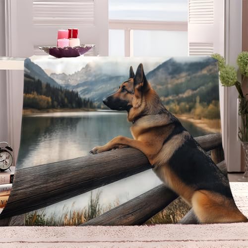 Deutscher Schäferhund See Berge Flanelldecke Kuscheldecke Mehrfarbig Super Soft Weich Wohndecke Warm Flauschig Decke Sofadecke oder Tagesdecke, Wohndecke für Erwachsene und Kinder Geschenk 180x200 cm von Generic
