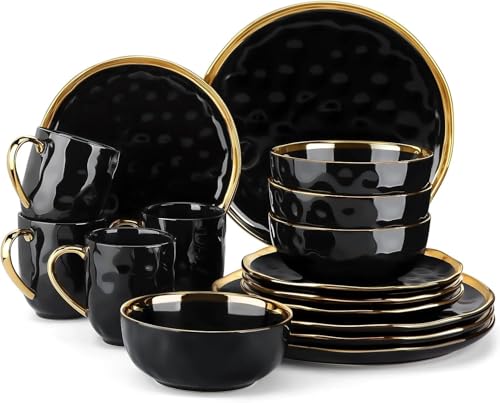 Dinner-Sets 16 Stück Schwarzes Porzellan-Geschirr-Set Mit Goldener Trim Dessertteller Teller Tasse Schüssel Geschirr-Set Für Das Abendessen, One Color, 16 Piece von Generic