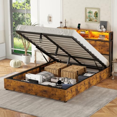 Doppelbett 140×200cm Flachbett, Hydraulischer Hebemechanismus, Bett mit farbwechselnde LED Umgebungsbeleuchtung, 24-Tasten-Fernbedienung, großer Stauraum im Bettkasten,braun,ohne Matratze von Generic
