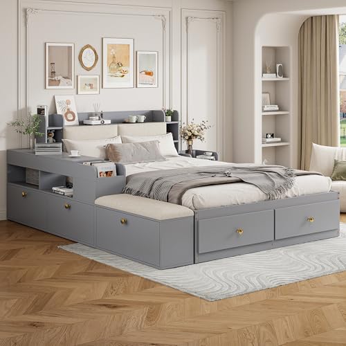 Doppelbett 140x200cm Kopfteil mit eingebautem Staufach mit Nachttisch Massivholz-Kombi-Bett mit Schubladen Stauraum Langschrank Jugendbett für Erwachsene Gästebett Grau von Generic