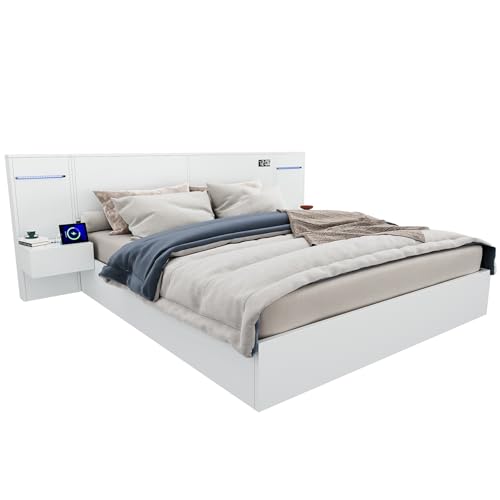 Doppelbett 180×200cm, Holzbett mit 2 Nachttischen, mit USB-Anschluss, Bett mit elektronischer Uhr, Bluetooth-Lautsprecher, Farblichtleiste, weiß,ohne Matratze Doppelbett 180×200cm, Holzbett mit 2 Nachttischen, mit USB-Anschluss, Bett mit elektronischer Uhr, Bluetooth-Lautsprecher, Farblichtleiste, weiß,ohne Matratze von Generic