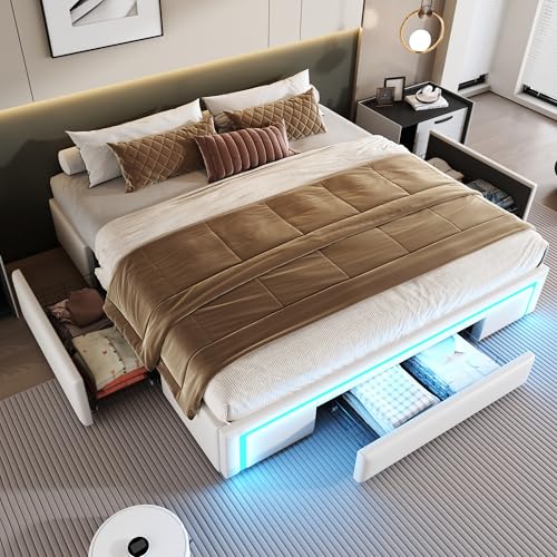 Doppelbett PU-Leder ohne Kopfteil Plattformbett mit Schubladen LED-Lichtleiste Stauraumbetten Metalllatten für Erwachsene Jugendliche Gästebett Ohne Matratze Beige 180x200 cm Doppelbett PU-Leder ohne Kopfteil Plattformbett mit Schubladen LED-Lichtleiste Stauraumbetten Metalllatten für Erwachsene Jugendliche Gästebett Ohne Matratze Beige 180x200 cm von Generic
