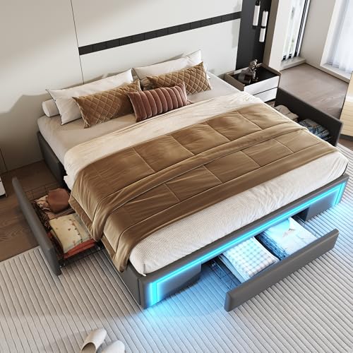 Doppelbett PU-Leder ohne Kopfteil Plattformbett mit Schubladen LED-Lichtleiste Stauraumbetten Metalllatten für Erwachsene Jugendliche Gästebett Ohne Matratze Grau 180x200 cm von Generic
