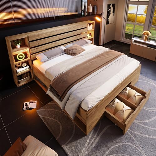 Doppelbettgestell aus Massivholz, 160 x 200 cm, Bettkasten mit LED-Beleuchtung und USB C, Kopfteil und Schubladen, mit Lattenrost aus Holz, Eiche Natur Doppelbettgestell aus Massivholz, 160 x 200 cm, Bettkasten mit LED-Beleuchtung und USB C, Kopfteil und Schubladen, mit Lattenrost aus Holz, Eiche Natur von Generic