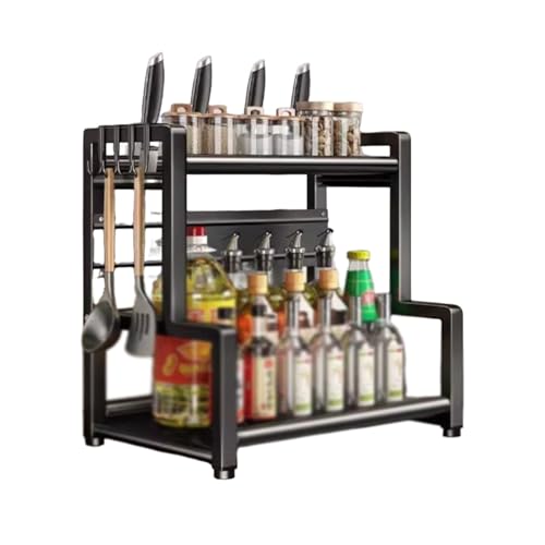Doppelschichtiges Gewürzregal for die Arbeitsplatte, vertikales Küchenregal aus Kohlenstoffstahl mit abnehmbaren Haken, geeignet for Schrankarbeitsplatten(30cm) von Generic