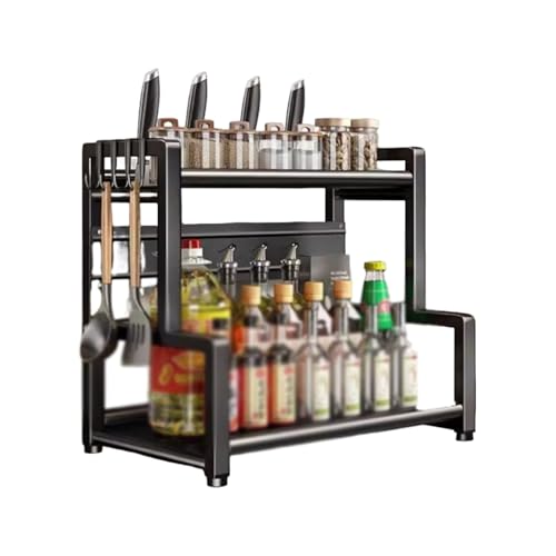 Doppelschichtiges Gewürzregal for die Arbeitsplatte, vertikales Küchenregal aus Kohlenstoffstahl mit abnehmbaren Haken, geeignet for Schrankarbeitsplatten(40cm) von Generic