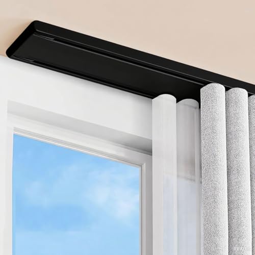 Doppelschienen-Vorhangschiene gardinenschiene 2-läufig Deckenmontage Geräuscharme Schwerlast-Vorhangschiene Raumteiler for Schlafzimmer, Wohnzimmer, Krankenhäuser(Black,1.5ft/46cm) von Generic
