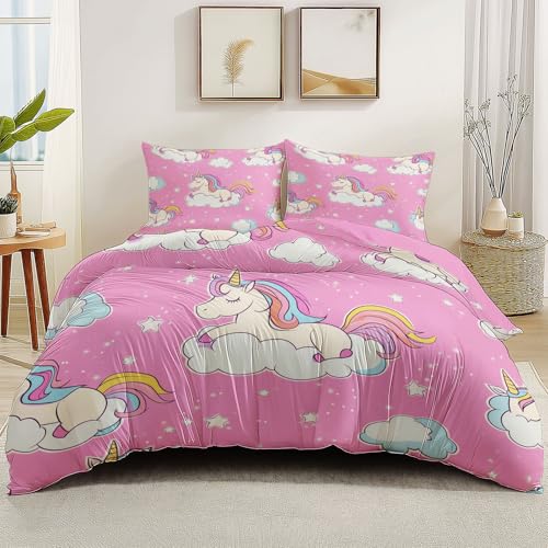 Doppelseitiges Bettbezug Fantasie Tiere Einhorn Druck 3-teiliges Bettwäsche, 155 x 200 cm Pflegeleicht Atmungsaktiv Bettwäsche für Jugendliche Erwachsene Rosa von Generic