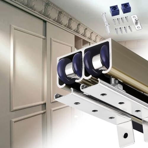 Doppelte Schiebetürschiene 24 28 36 48 Zoll, Schrankschiebetürschienen Mit Rädern, Scheunentor-Hardware-Kit Aluminiumschiene, Schiebetürschiene/Champne/2.1M/6.9Ft von Generic