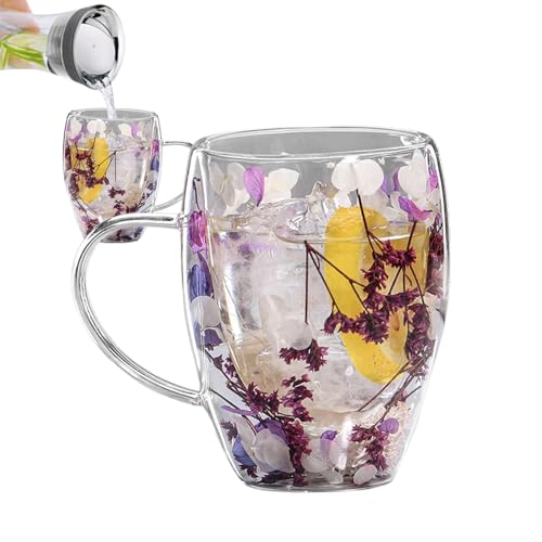 Doppelwandige Kaffeetassen Aus Glas - Doppelwandige Glasbecher Tasse,Kaffeetasse Mit Trockenblumen,Glas-Kaffeetassen Mit Griff, Niedliche Kreative Blumen-Teetasse,Schöne Teetasse Mit Griff Isoliert von Generic