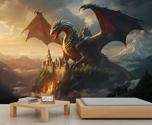 Drachen Wandbild Schloss Sonnenuntergang Landschaft Tapete Bergwandbild Tapete Dichter Wald Wandpapier für Mädchen Schlafzimmer Wandbilder Wohnzimmer Gemälde Poster 280 X 200 cm von Generic
