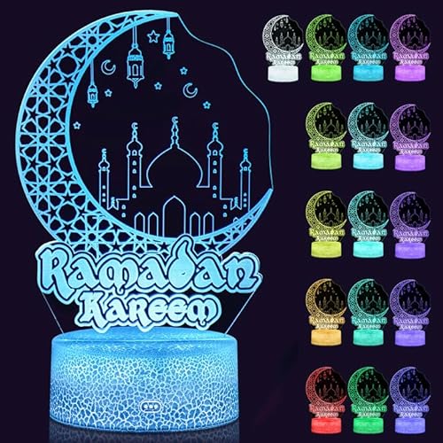 Dreamtop 3D Ramadan Lampe 16 Farben Mubarak Ramadan LED Lampe Eid Dekorationen Mond Stern Nachtlichter mit Fernbedienung Verfärbung Berühren für Zu Hause Ramadan Handwerk Dekoration von Generic