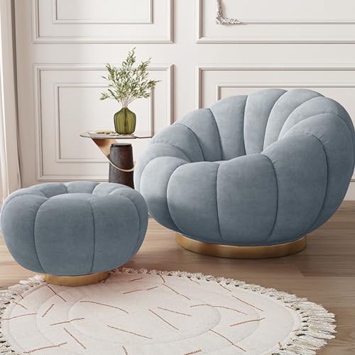 Drehbare Akzentstühle Freizeit Rundstuhl mit Ottomane bequem 360 Grad Drehbar Rundfass Club Badewanne Sofa Schlafzimmerstuhl Leseraum (Farbe: blau) von Generic