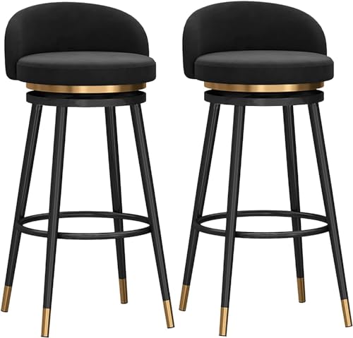 Drehbare Barhocker Set Mit 2 Stück Barstühle Frühstück Esszimmerhocker Für Kücheninsel Samt Außentheke Barhocker Aus Schwarzem Metall Fußstütze, Black, 65cm von Generic