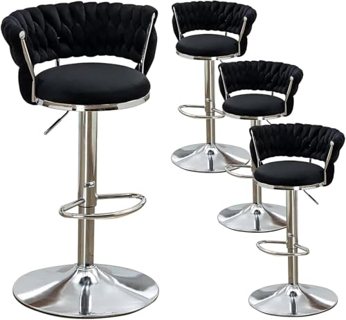Drehbarhocker Aus Samt 4er-Set, Barhocker Mit Verstellbarer Thekenhöhe, Moderner Esszimmerstuhl Mit Geflochtener Rückenlehne, Gepolsterte Barstühle Für Kücheni, Black Silver Leg, 4PCS von Generic