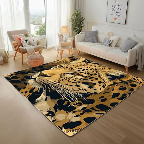 Dschungel Tiere Leopard Teppich Wohnzimmer 150x210cm Kurzflor Waschbarer Teppich Super Weich rutschfest Gelbes Waldtiere Leopard Wohnzimmerteppich für Schlafzimmer Esszimmer von Generic