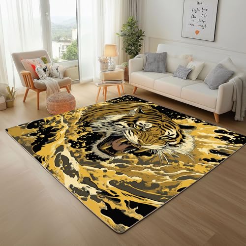 Dschungeltier Tiger Teppich Wohnzimmer 60x110cm, Flauschiger Kurzflor Teppich Waschbarer Moderner Teppiche Tierischer Tiger Senfgelb rutschfest Teppiche für Esszimmer Küchen Schlafzimmer von Generic