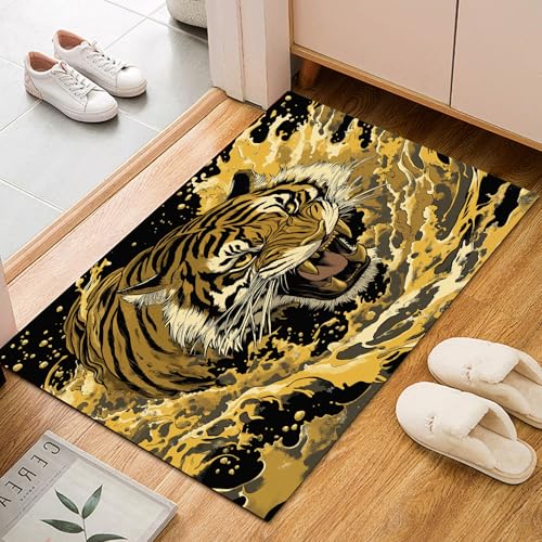 Dschungeltier Tiger Teppich Wohnzimmer 60x90cm, Flauschiger Kurzflor Teppich Waschbarer Moderner Teppiche Tierischer Tiger Senfgelb rutschfest Teppiche für Esszimmer Küchen Schlafzimmer von Generic