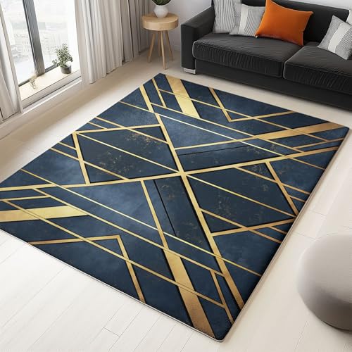 Dunkelblau Gold Flanell Teppich 160 x 230 cm rutschfest Pflegeleicht, Modern Design Linie Teppiche für Wohnzimmer Flur Küche, Dekorativ Teppich Weich Langlebig Schmutzabweisend von Generic