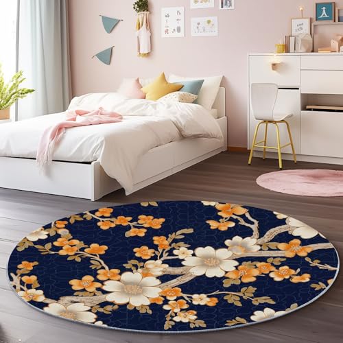 Dunkelblau Hellgelb Runder Teppich 100 cm, Weich Kurzflor Rutschfester Orientalisch Tuschemalerei Blumen Bedruckter Waschbar Runder Teppich - für Schlafzimmer Flur Wohnzimmer Couchtisch von Generic