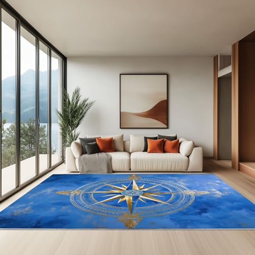Dunkelblau Kurzflor Teppich, Minimal Elegant Nautisch Kompass bedruckter Weich Waschbar Teppich Wohnzimmer für Esszimmer Büro Schlafzimmer Flur - 80 x 150 cm von Generic