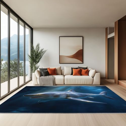 Dunkelblau Waschbarer Teppich Wohnzimmer 120 x 170 cm Rugs for Living Room, Modern Fantasie Meerestiere Hai Drucken Weich rutschfest Tepich Kurzflor Schlafzimmer Carpet, für Restaurants Büros von Generic