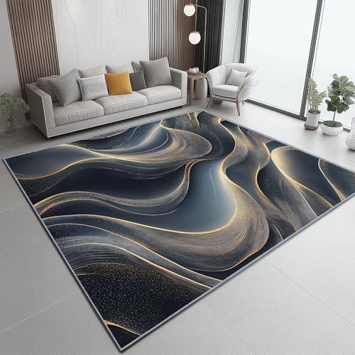 Dunkelgrau Gold Flanell Deko Teppiche, Aquarell Wellenmuster Band Linie Bedruckter Teppich - 80 x 150 cm Teppich für Schlafzimmer, Fußmatte für den Innenbereich - für Schlafzimmer & Wohnzimmer von Generic